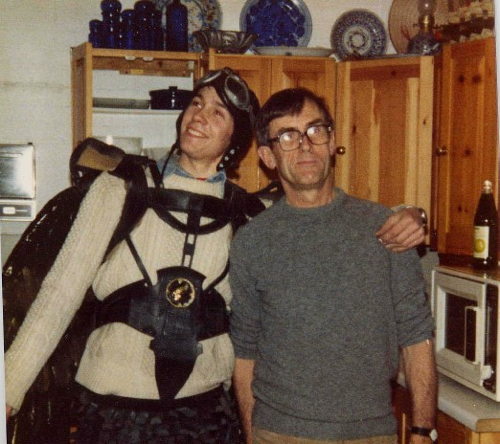 Jasper in his Hawkman outfit standing next to noted economist and ex chief cashier of the bank of engalnd, John S Fforde